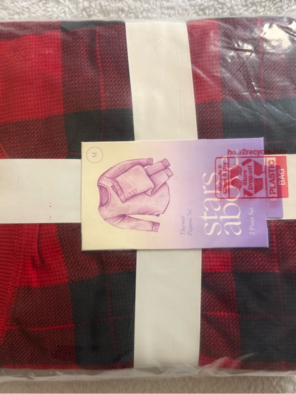 stars above Red and Black Buffalo Plaid Thermal Pajama Set